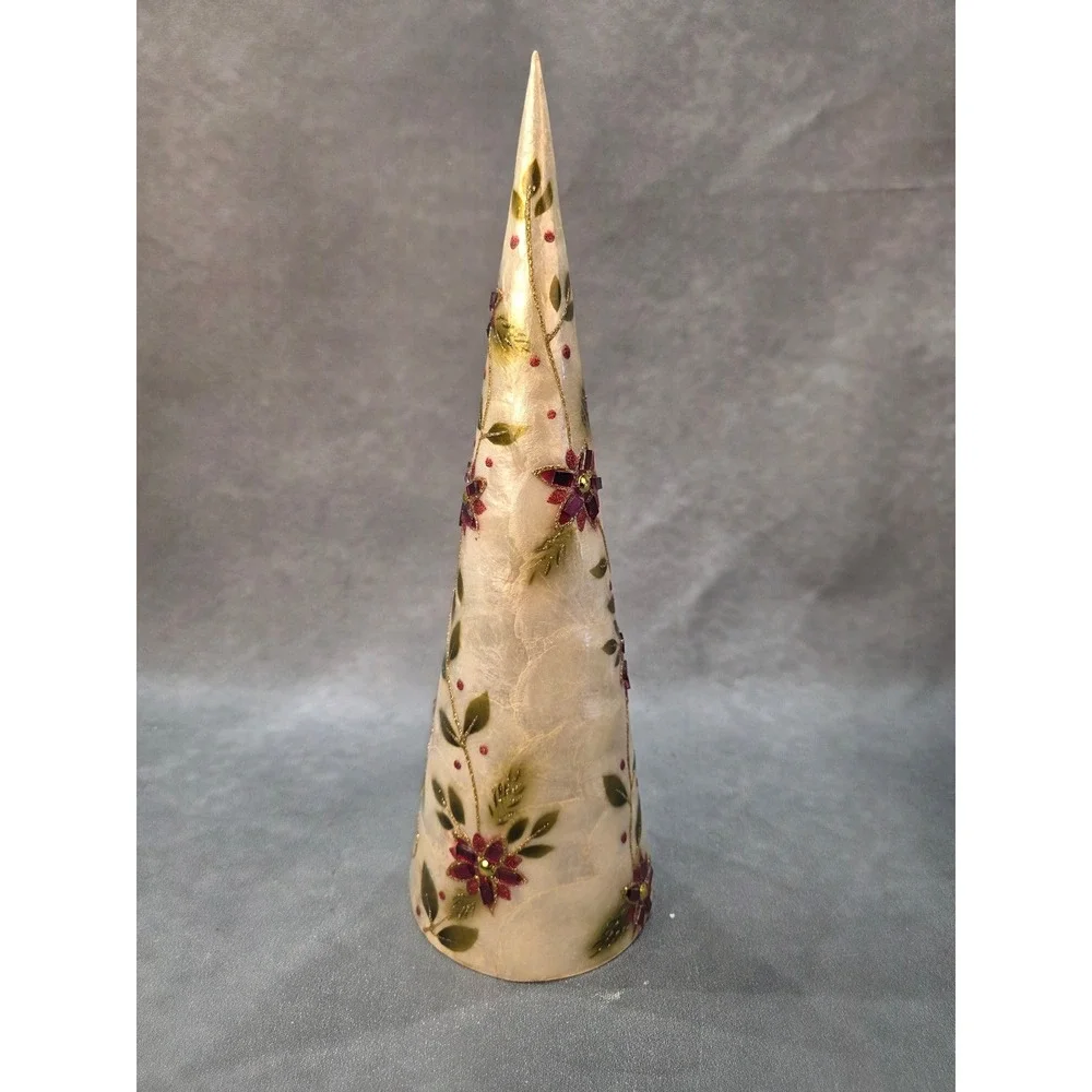 Capiz Shell Mosaic Poinsettia Christmas Tree Tabletop Decor 16 Inch Cream Red